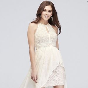 Lace Glitter Keyhole Halter Dress w/Overskirt